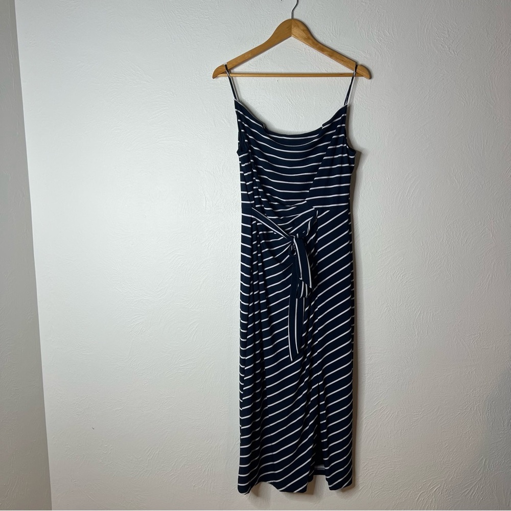 Lauren Ralph Lauren Striped Midi Dress Spaghetti Strap Side Tie Navy Size 14